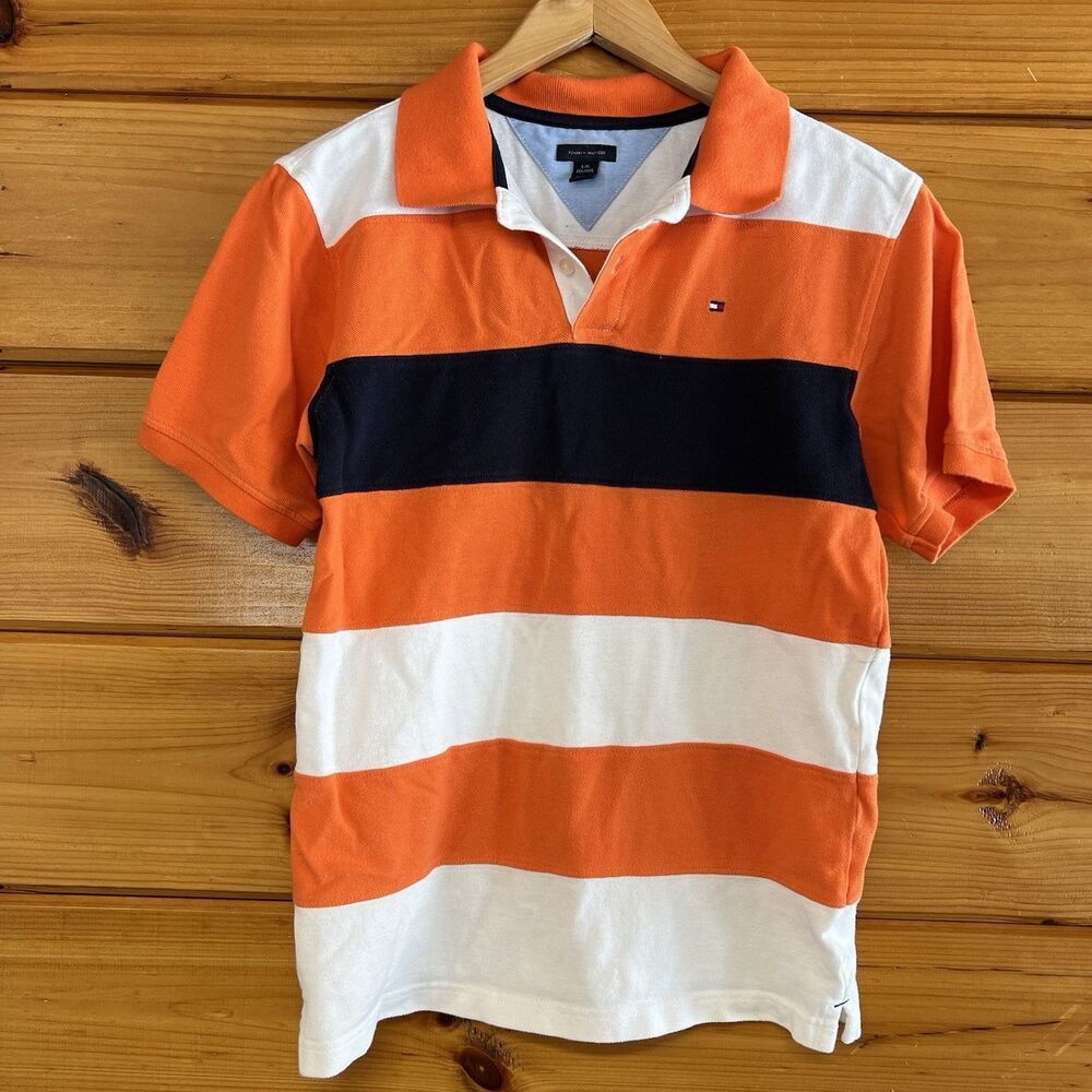 Tommy Hilfiger Polo Youth Large (16-18) Orange Multicolored Striped Short Sleeve